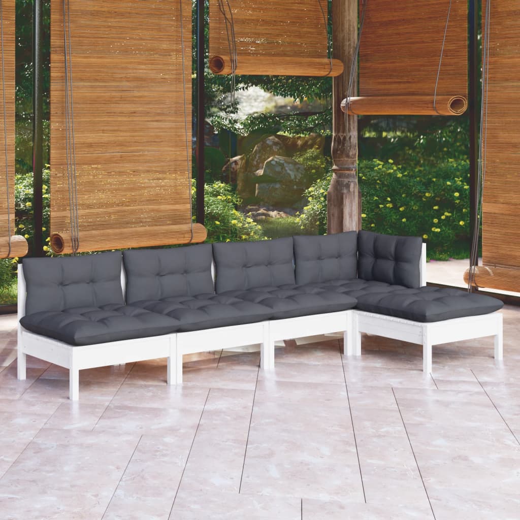 5-tlg. Garten-Lounge-Set mit Kissen Weiß Kiefernholz