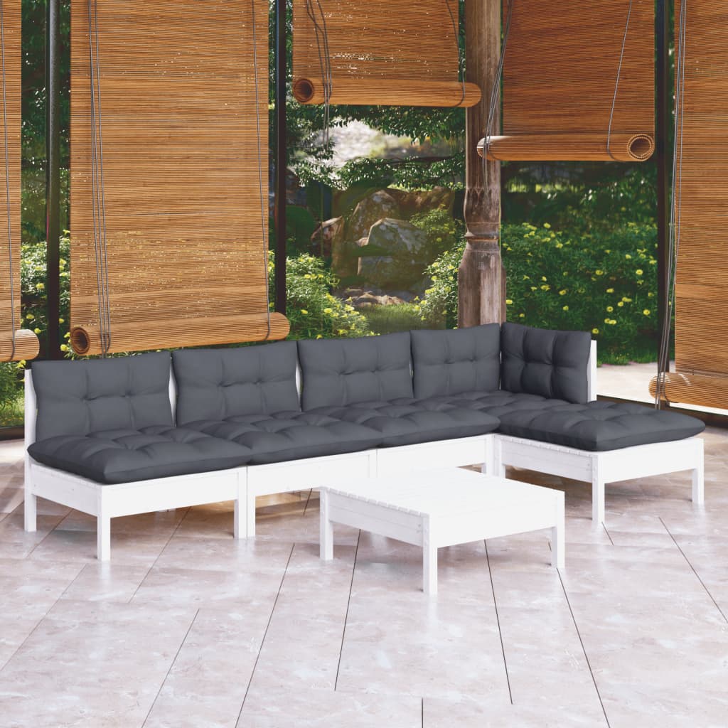 6-tlg. Garten-Lounge-Set mit Kissen Weiß Kiefernholz