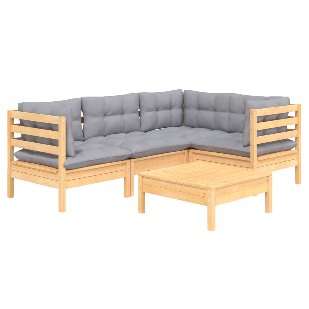 5-tlg. Garten-Lounge-Set mit Grauen Kissen Kiefernholz