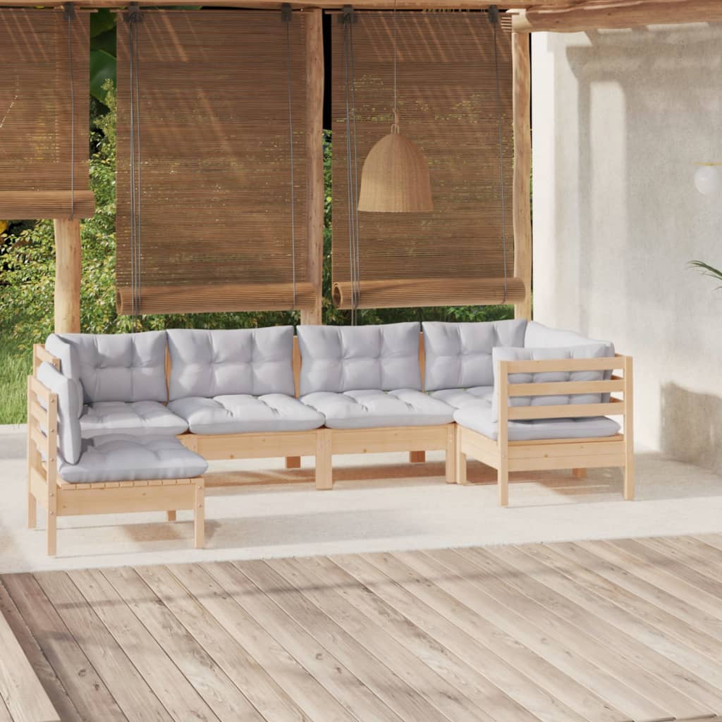6-tlg. Garten-Lounge-Set mit Grauen Kissen Kiefernholz