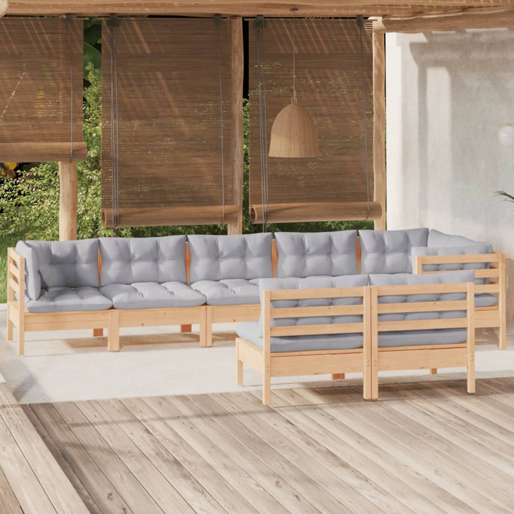 8-tlg. Garten-Lounge-Set mit Grauen Kissen Kiefer Massivholz