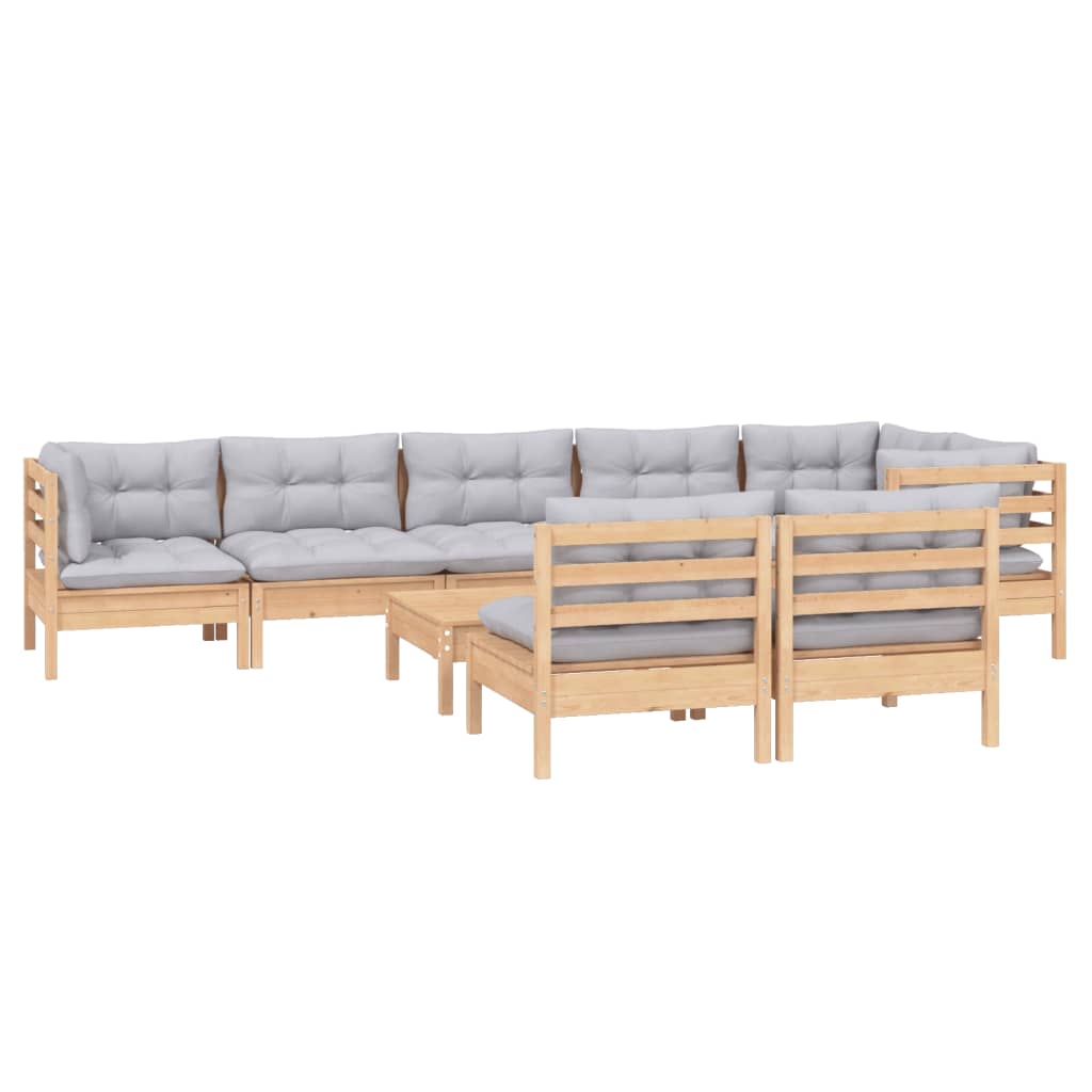 9-tlg. Garten-Lounge-Set mit Grauen Kissen Kiefer Massivholz