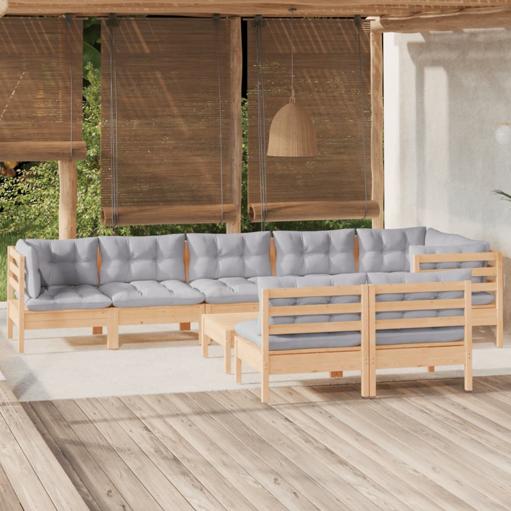 9-tlg. Garten-Lounge-Set mit Grauen Kissen Kiefer Massivholz