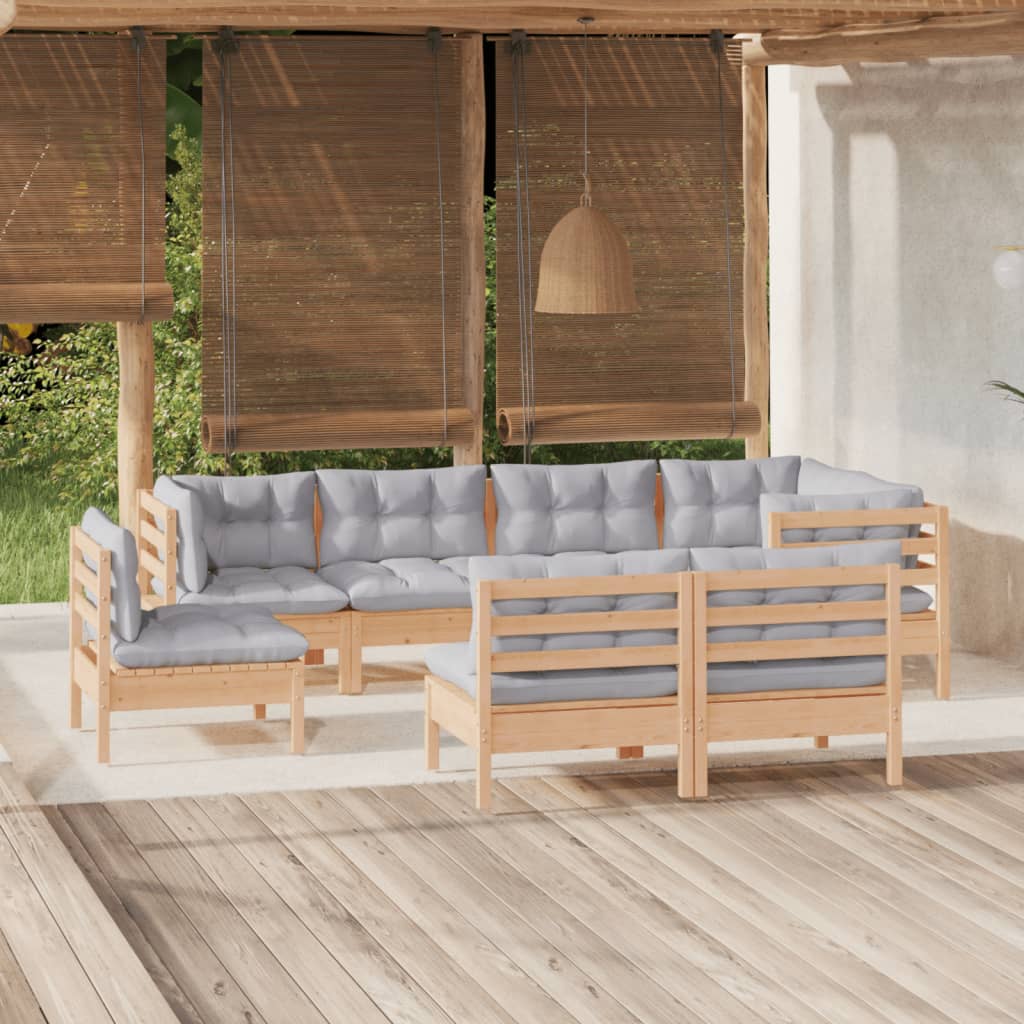 8-tlg. Garten-Lounge-Set mit Grauen Kissen Kiefer Massivholz