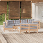 9-tlg. Garten-Lounge-Set mit Grauen Kissen Kiefer Massivholz