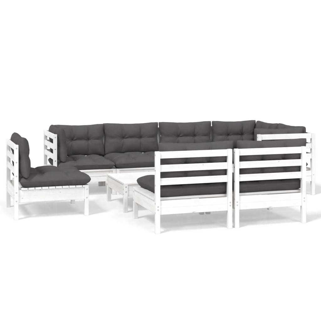 9-tlg. Garten-Lounge-Set mit Kissen Weiß Kiefer Massivholz