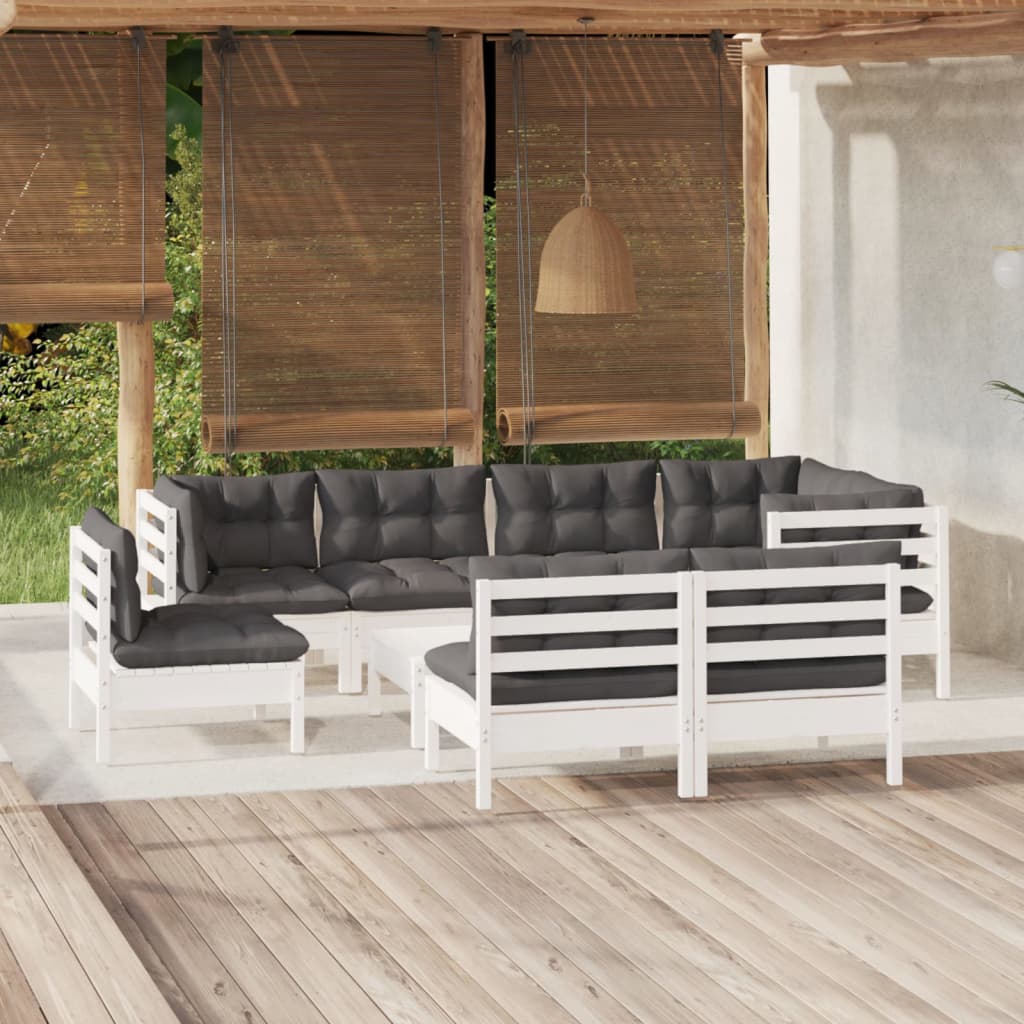 9-tlg. Garten-Lounge-Set mit Kissen Weiß Kiefer Massivholz