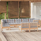 9-tlg. Garten-Lounge-Set mit Grauen Kissen Kiefer Massivholz