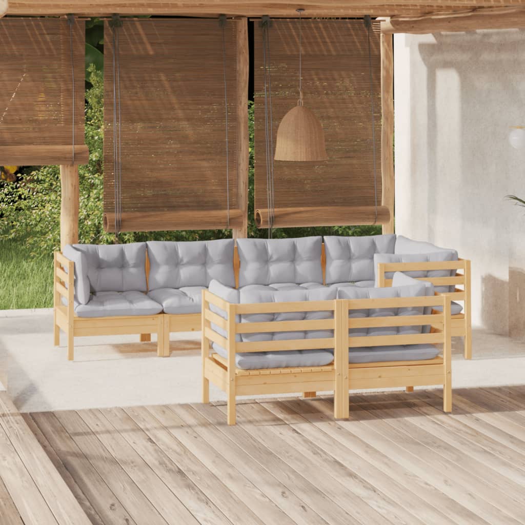 7-tlg. Garten-Lounge-Set mit Grauen Kissen Kiefer Massivholz