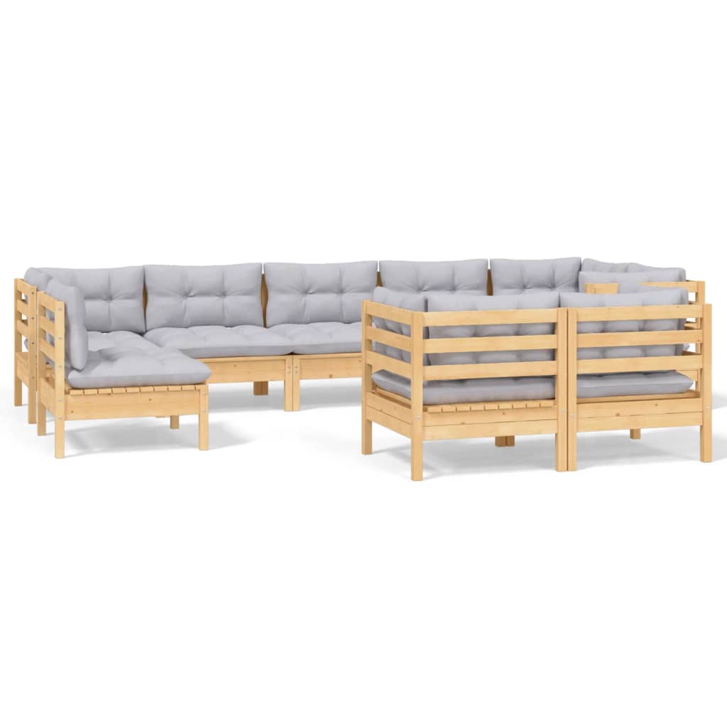 9-tlg. Garten-Lounge-Set mit Grauen Kissen Kiefer Massivholz