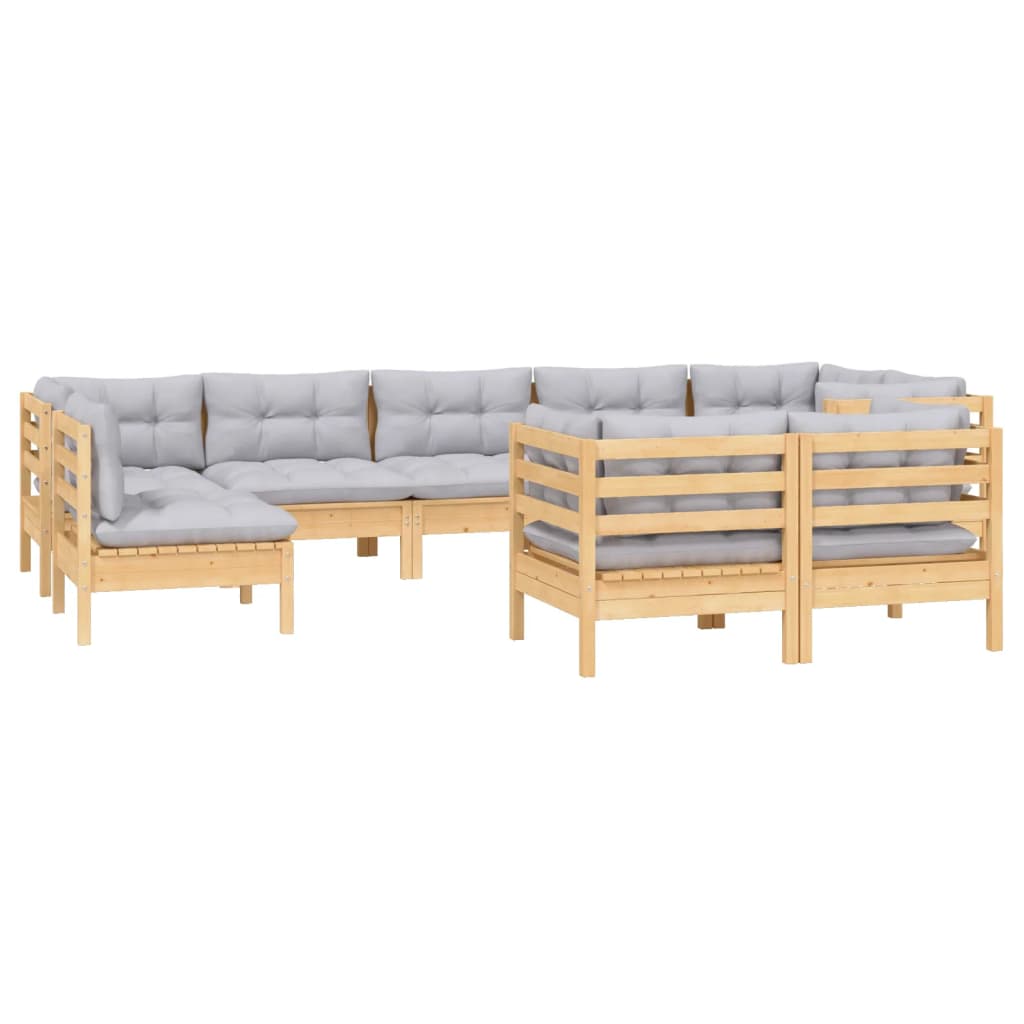 9-tlg. Garten-Lounge-Set mit Grauen Kissen Kiefer Massivholz