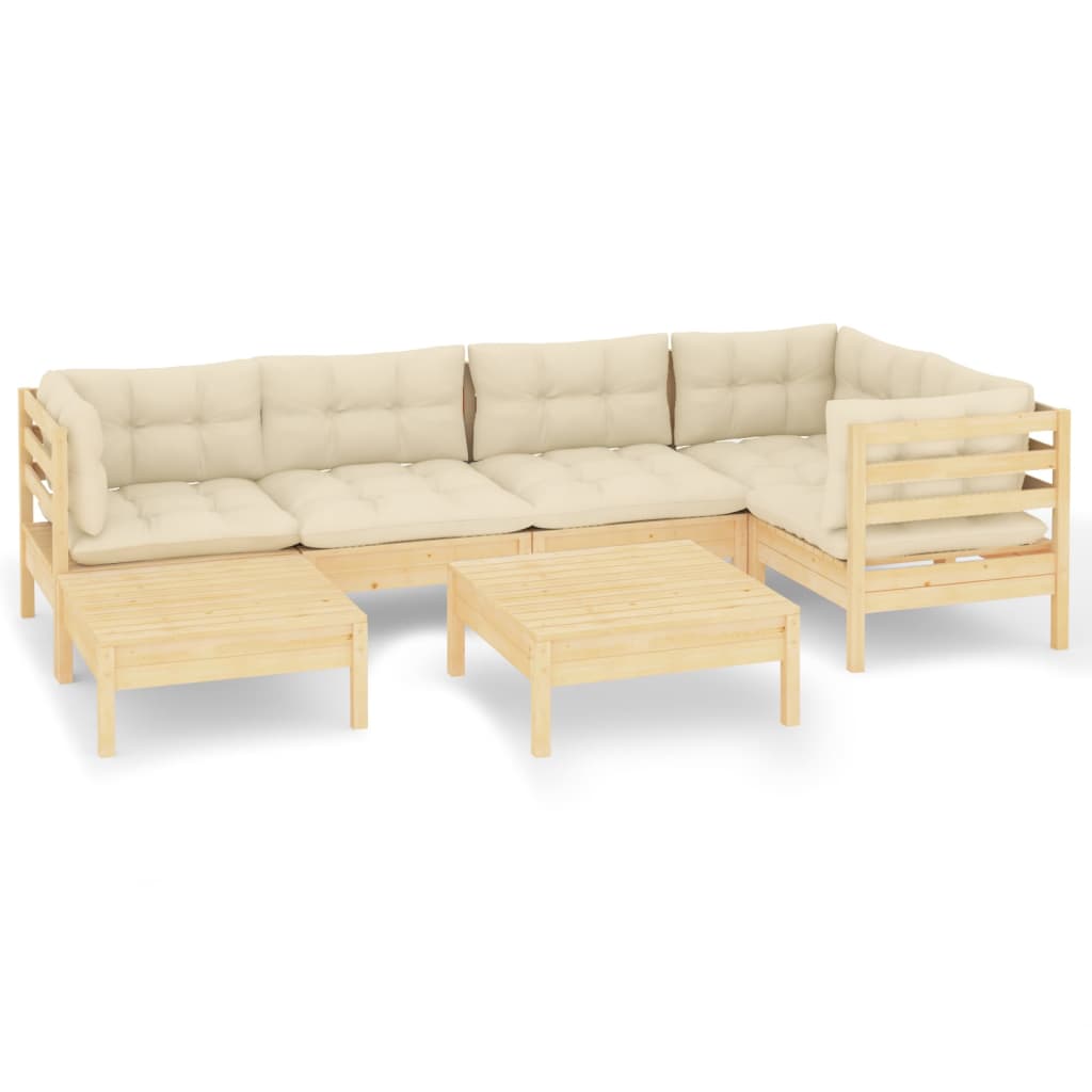 7-tlg. Garten-Lounge-Set mit Creme Kissen Massivholz Kiefer