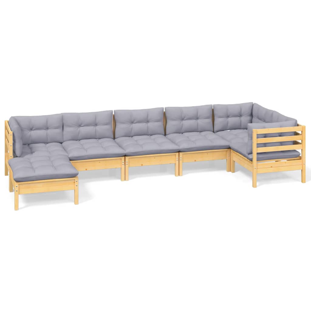 7-tlg. Garten-Lounge-Set mit Grauen Kissen Kiefer Massivholz