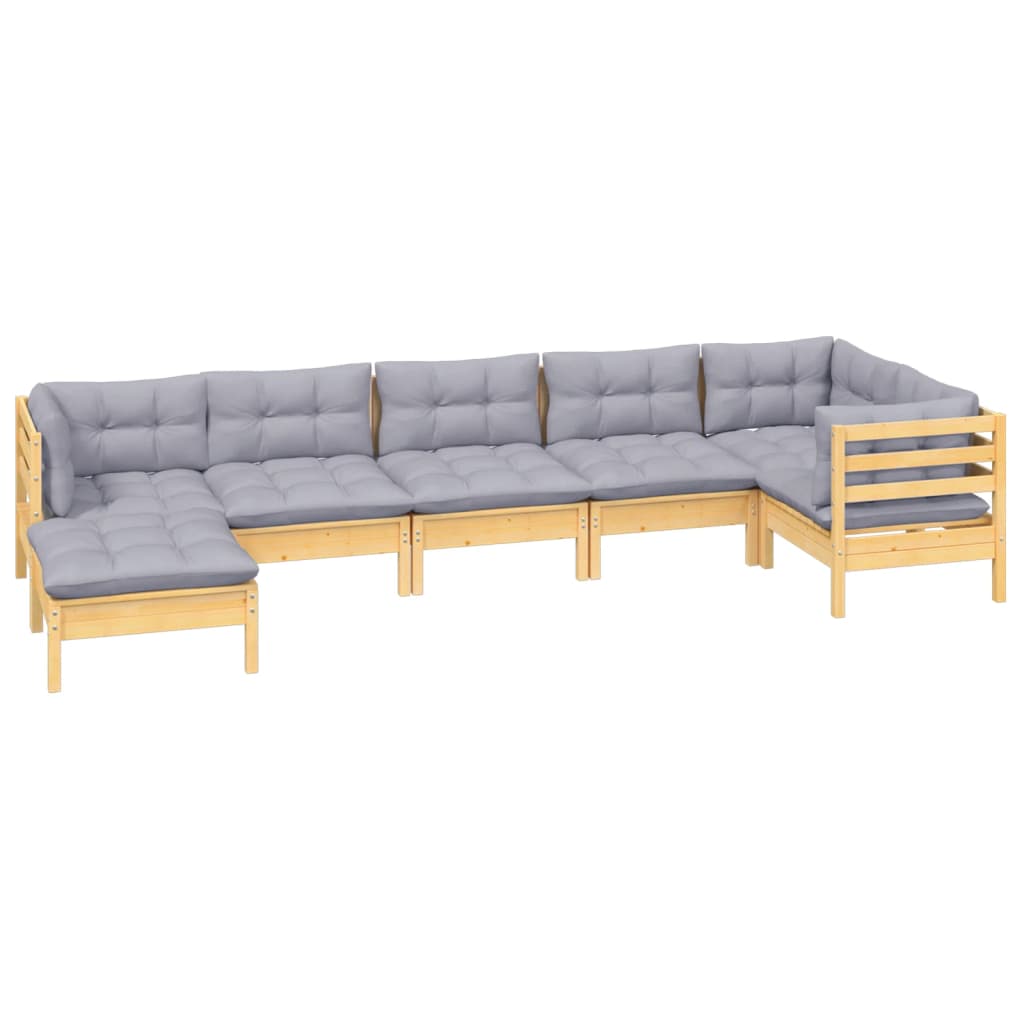 7-tlg. Garten-Lounge-Set mit Grauen Kissen Kiefer Massivholz
