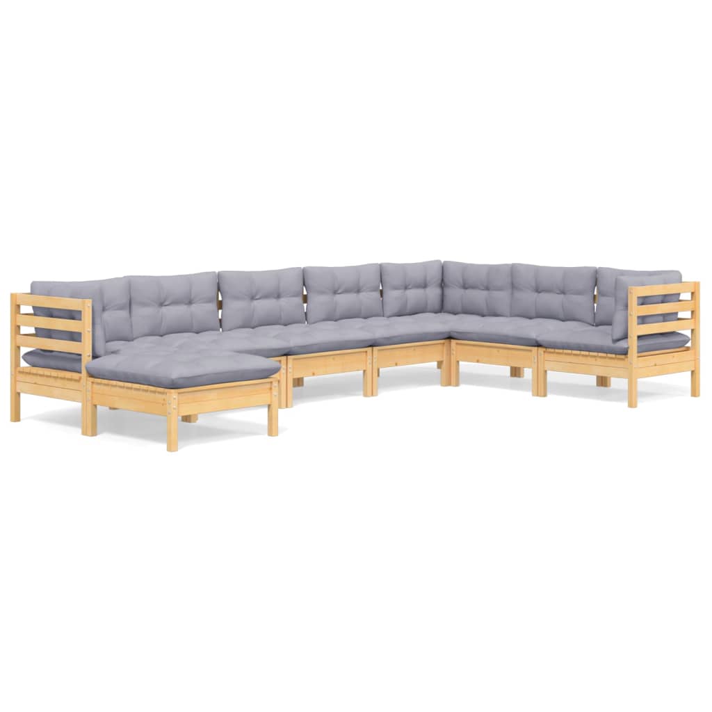 8-tlg. Garten-Lounge-Set mit Grauen Kissen Kiefer Massivholz