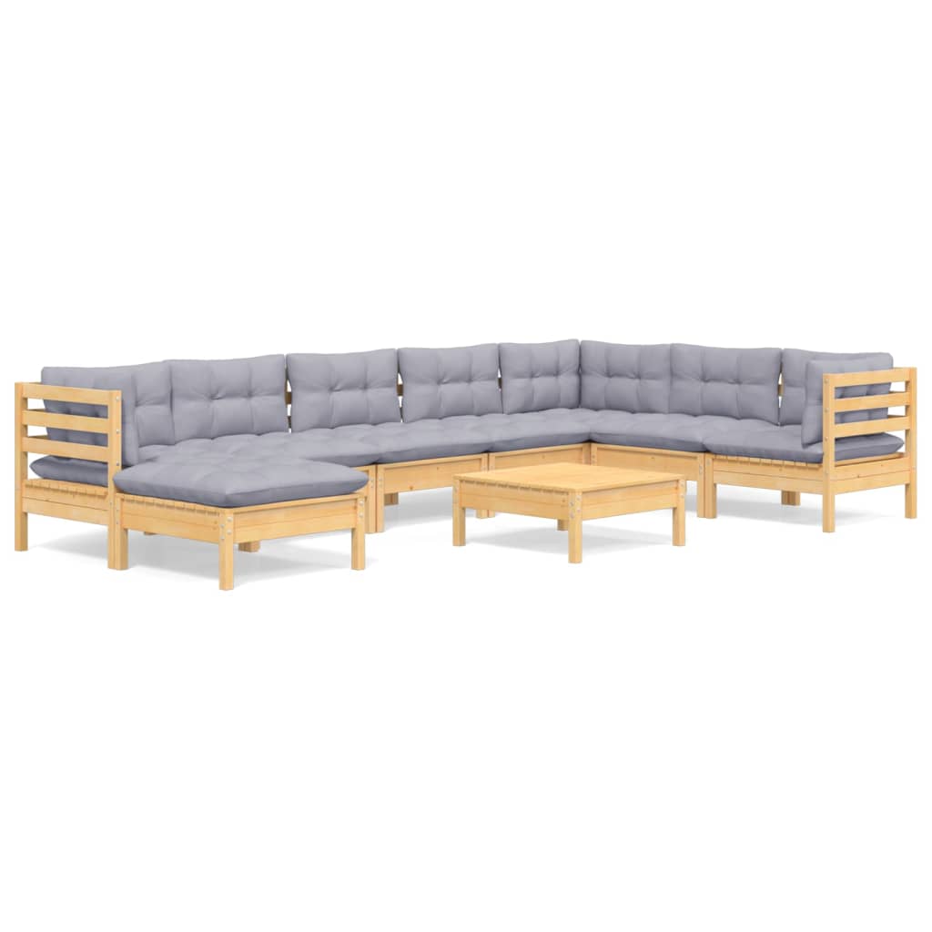 9-tlg. Garten-Lounge-Set mit Grauen Kissen Kiefer Massivholz