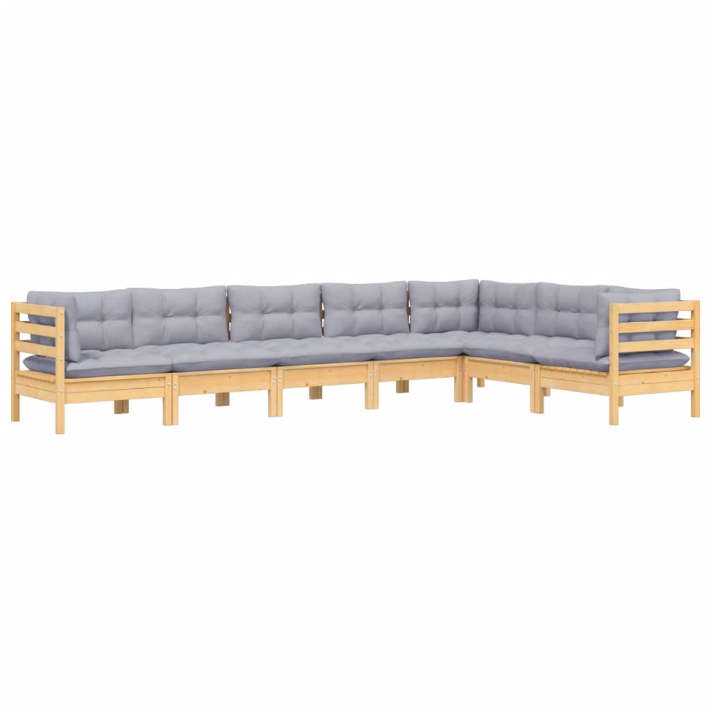 7-tlg. Garten-Lounge-Set mit Grauen Kissen Kiefer Massivholz