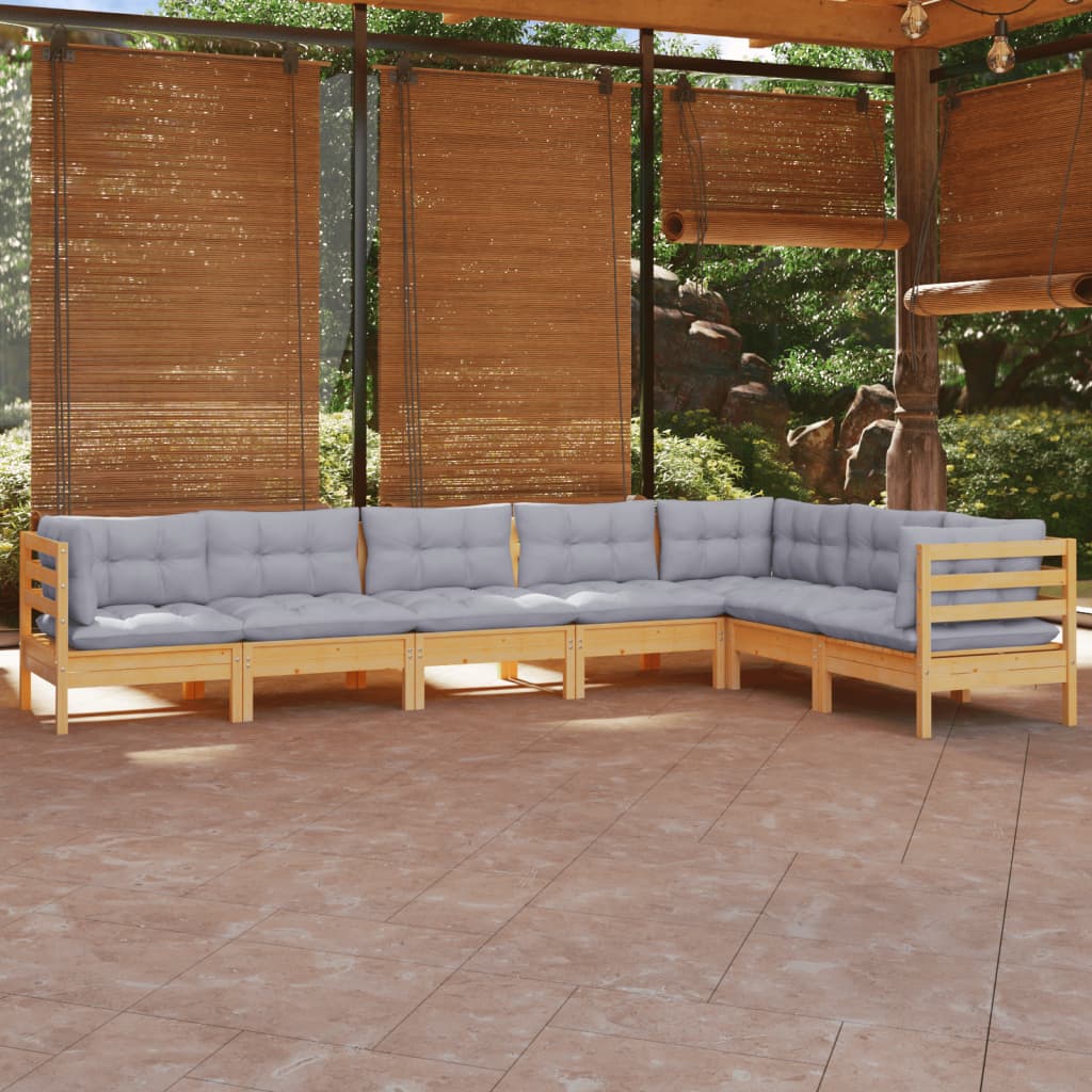 7-tlg. Garten-Lounge-Set mit Grauen Kissen Kiefer Massivholz