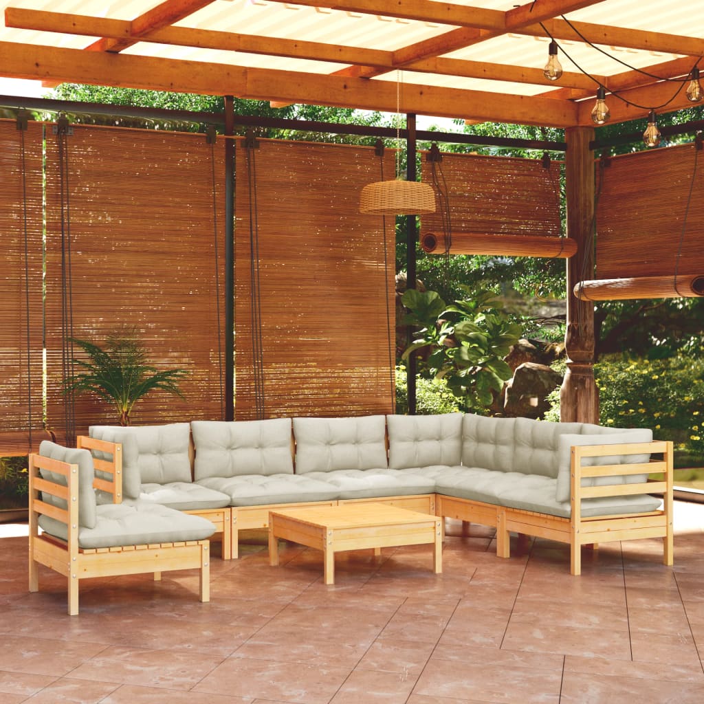 8-tlg. Garten-Lounge-Set mit Creme Kissen Massivholz Kiefer