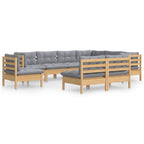 9-tlg. Garten-Lounge-Set mit Grauen Kissen Kiefer Massivholz