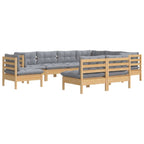 9-tlg. Garten-Lounge-Set mit Grauen Kissen Kiefer Massivholz