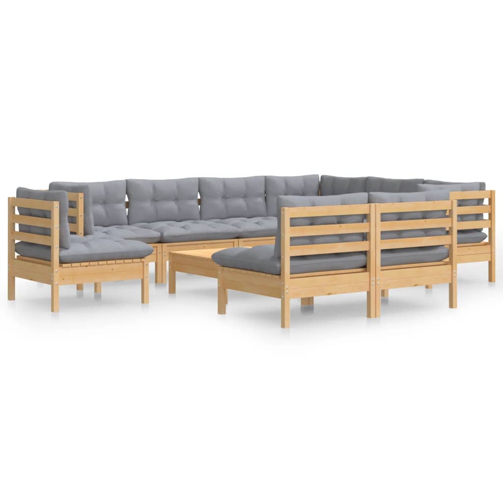 10-tlg. Garten-Lounge-Set mit Grauen Kissen Kiefer Massivholz