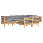 10-tlg. Garten-Lounge-Set mit Grauen Kissen Kiefer Massivholz