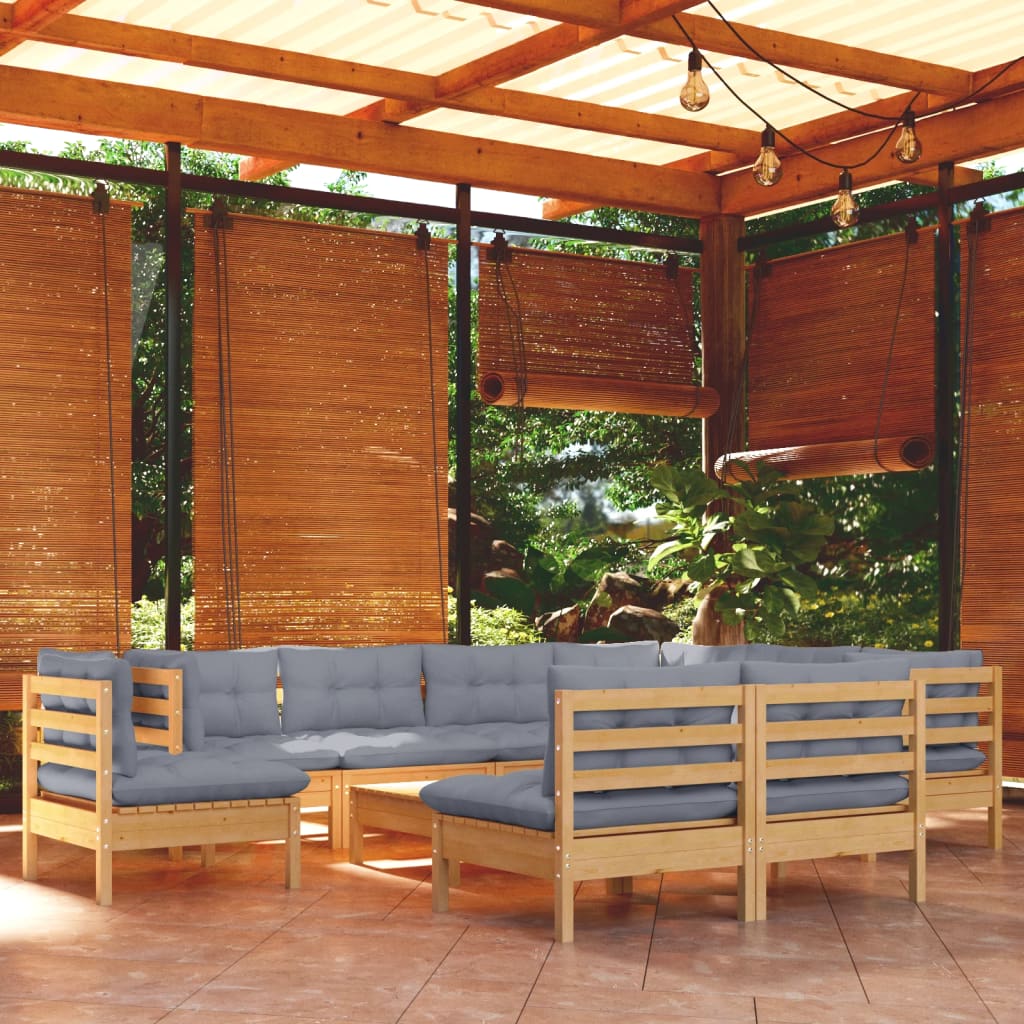 10-tlg. Garten-Lounge-Set mit Grauen Kissen Kiefer Massivholz