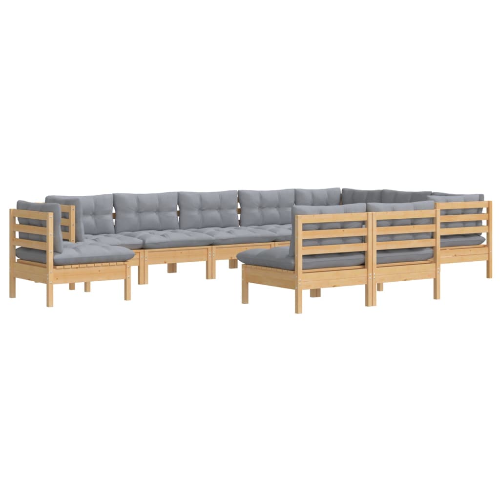 10-tlg. Garten-Lounge-Set mit Grauen Kissen Kiefer Massivholz