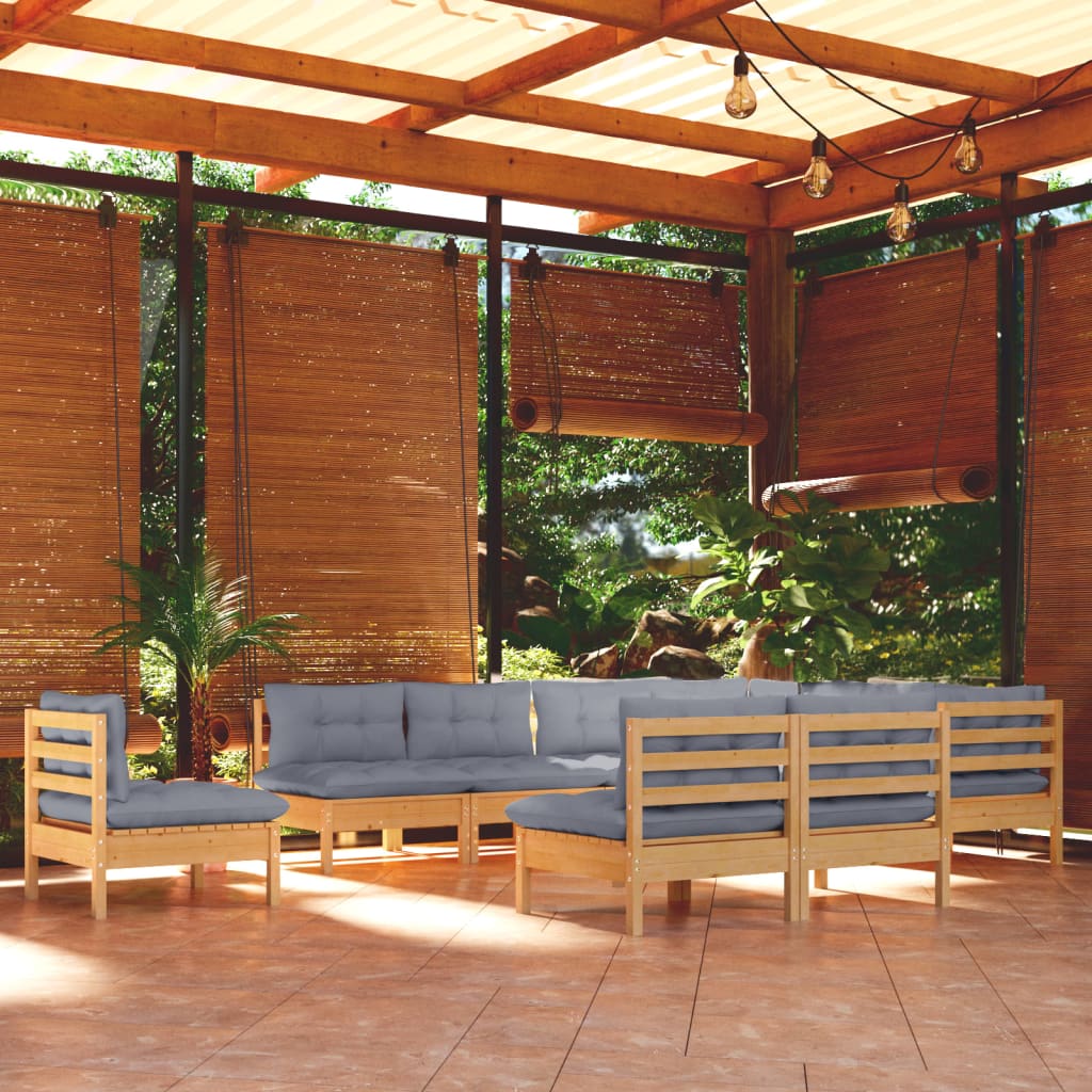 10-tlg. Garten-Lounge-Set mit Grauen Kissen Kiefer Massivholz