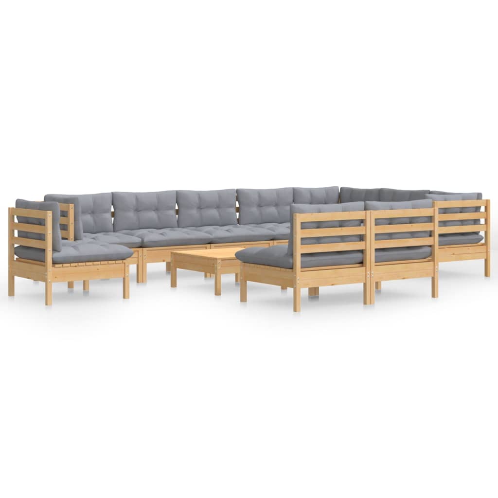 11-tlg. Garten-Lounge-Set mit Grauen Kissen Kiefer Massivholz