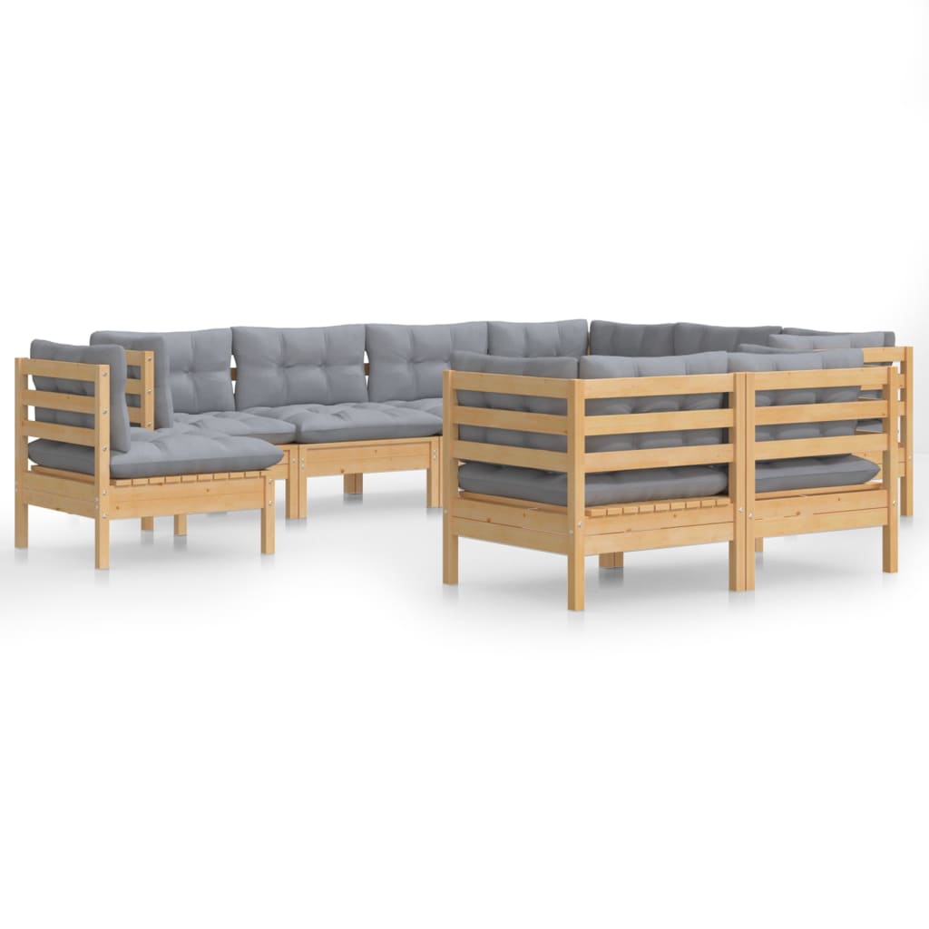 9-tlg. Garten-Lounge-Set mit Grauen Kissen Kiefer Massivholz