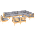 10-tlg. Garten-Lounge-Set mit Grauen Kissen Kiefer Massivholz