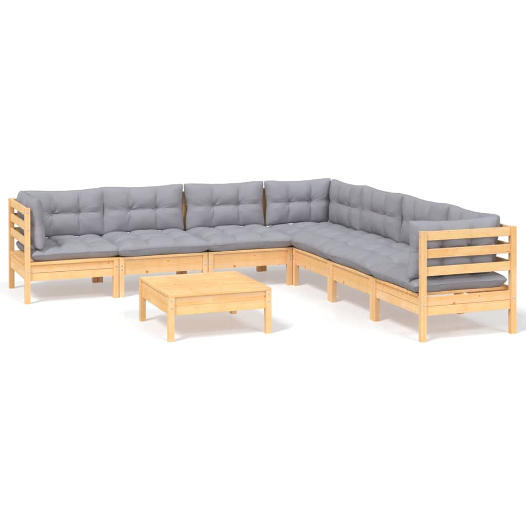 8-tlg. Garten-Lounge-Set mit Grauen Kissen Kiefer Massivholz