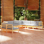 9-tlg. Garten-Lounge-Set mit Grauen Kissen Massivholz Kiefer