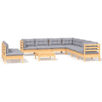 10-tlg. Garten-Lounge-Set mit Grauen Kissen Massivholz Kiefer