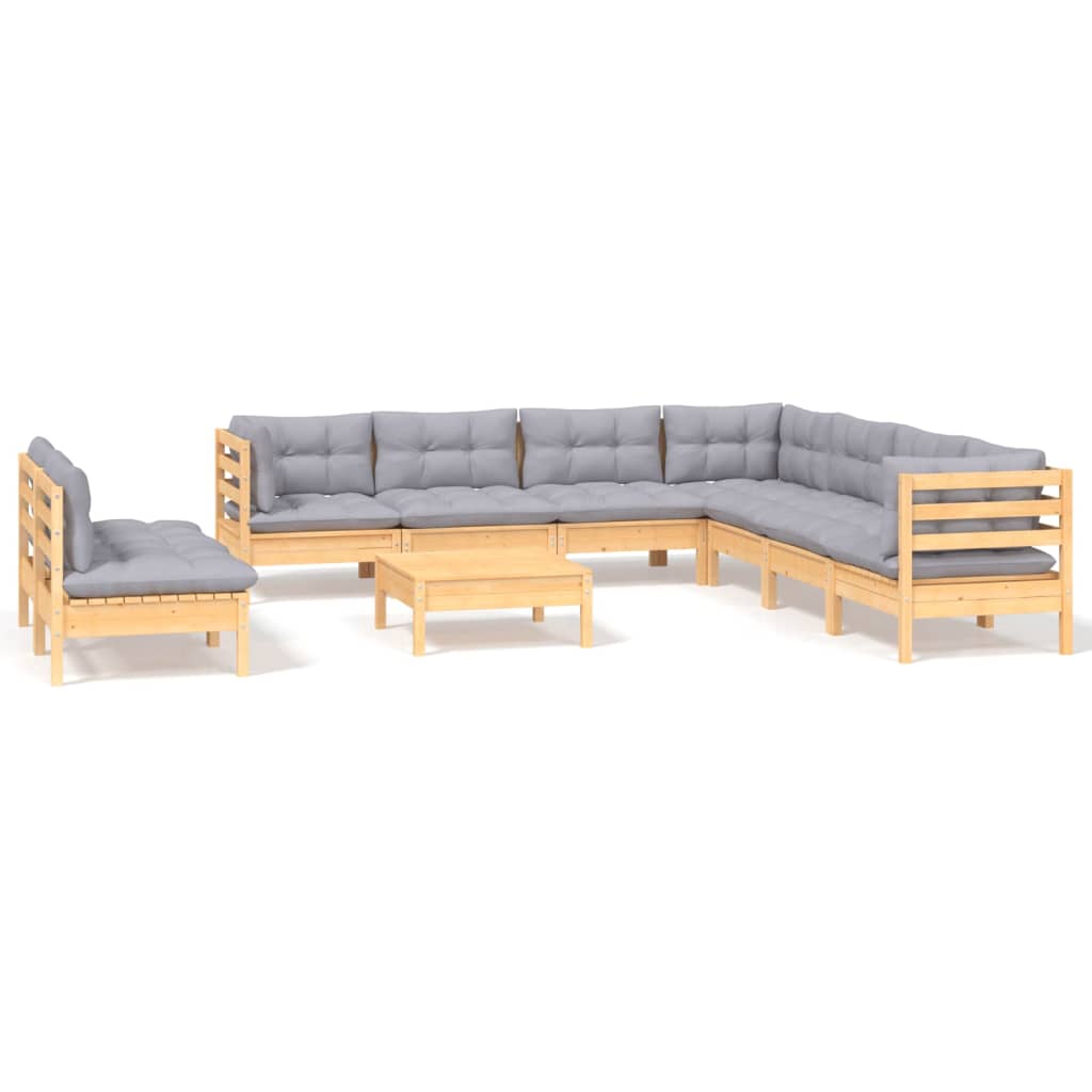 10-tlg. Garten-Lounge-Set mit Grauen Kissen Massivholz Kiefer
