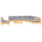 10-tlg. Garten-Lounge-Set mit Grauen Kissen Massivholz Kiefer