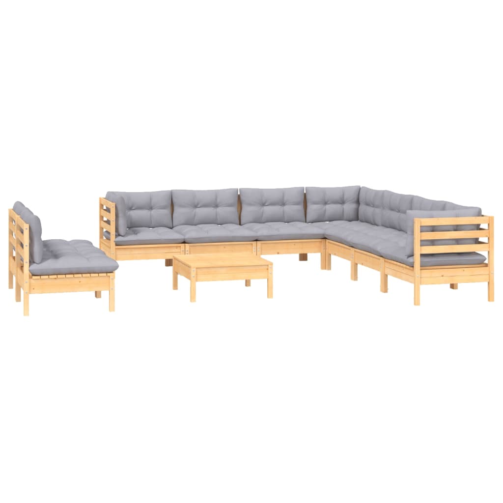 10-tlg. Garten-Lounge-Set mit Grauen Kissen Massivholz Kiefer