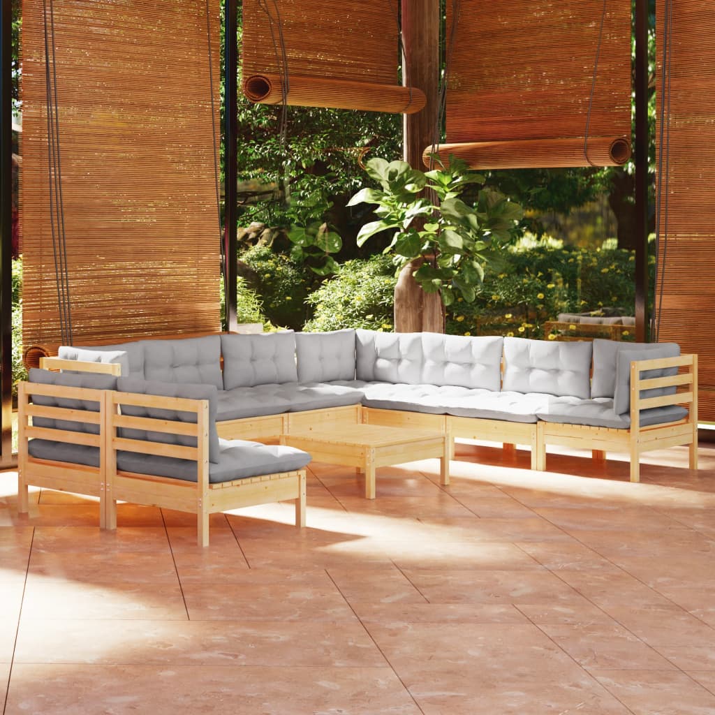 10-tlg. Garten-Lounge-Set mit Grauen Kissen Massivholz Kiefer