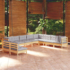 10-tlg. Garten-Lounge-Set mit Grauen Kissen Massivholz Kiefer
