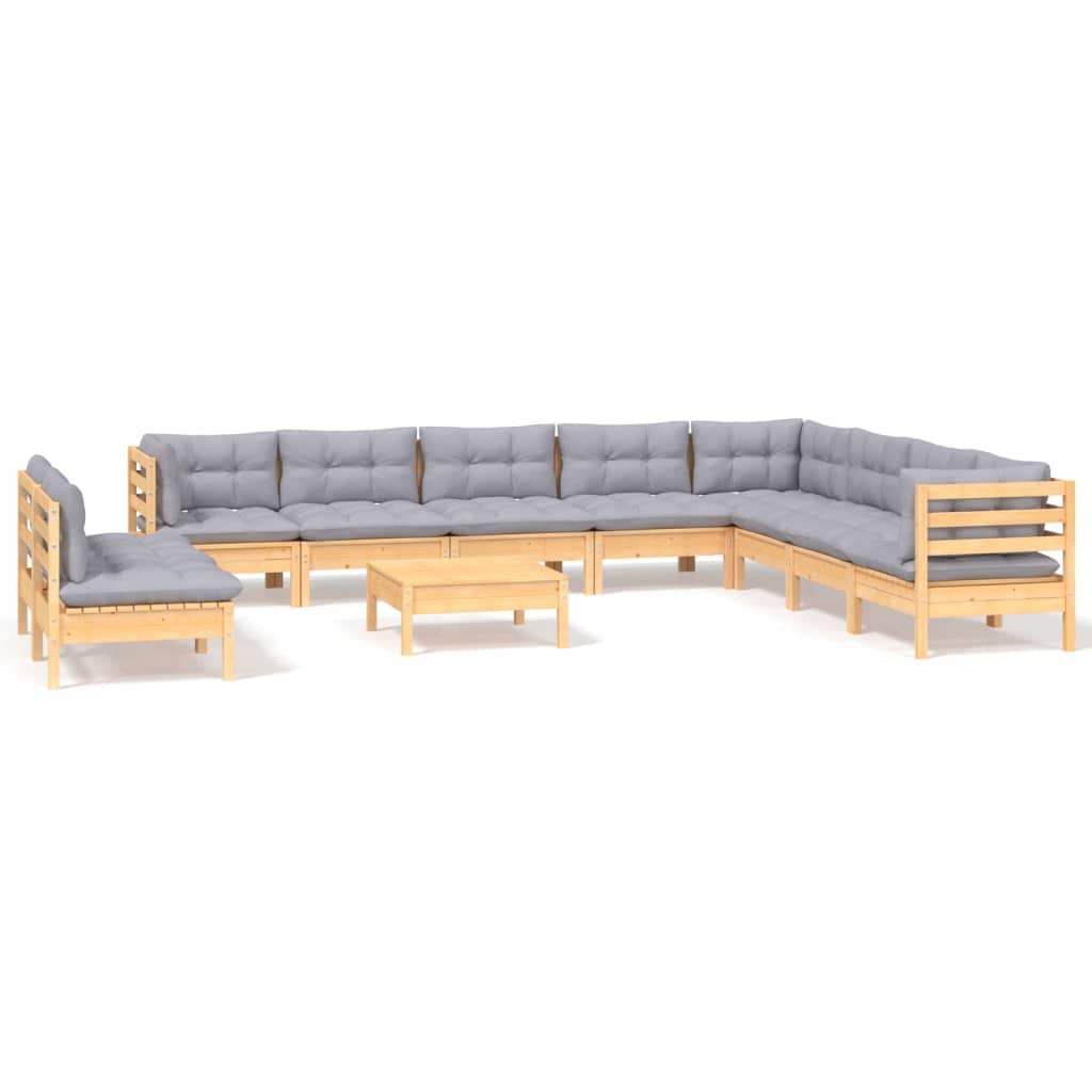 11-tlg. Garten-Lounge-Set mit Grauen Kissen Massivholz Kiefer