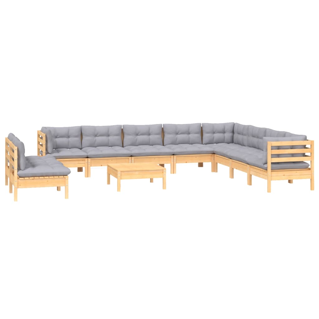 11-tlg. Garten-Lounge-Set mit Grauen Kissen Massivholz Kiefer