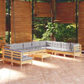 11-tlg. Garten-Lounge-Set mit Grauen Kissen Massivholz Kiefer
