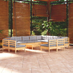 13-tlg. Garten-Lounge-Set mit Grauen Kissen Massivholz Kiefer