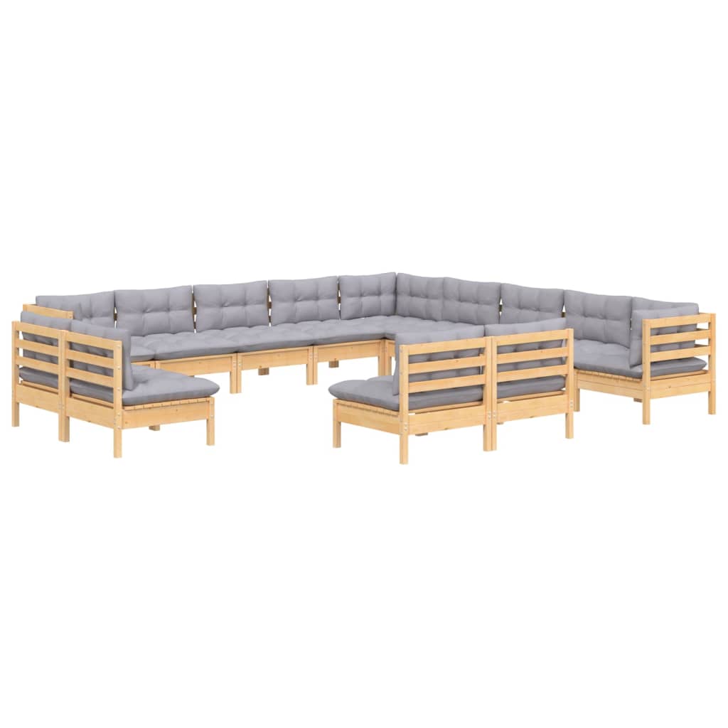 13-tlg. Garten-Lounge-Set mit Grauen Kissen Massivholz Kiefer