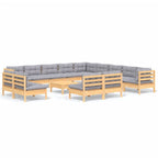 14-tlg. Garten-Lounge-Set mit Grauen Kissen Massivholz Kiefer