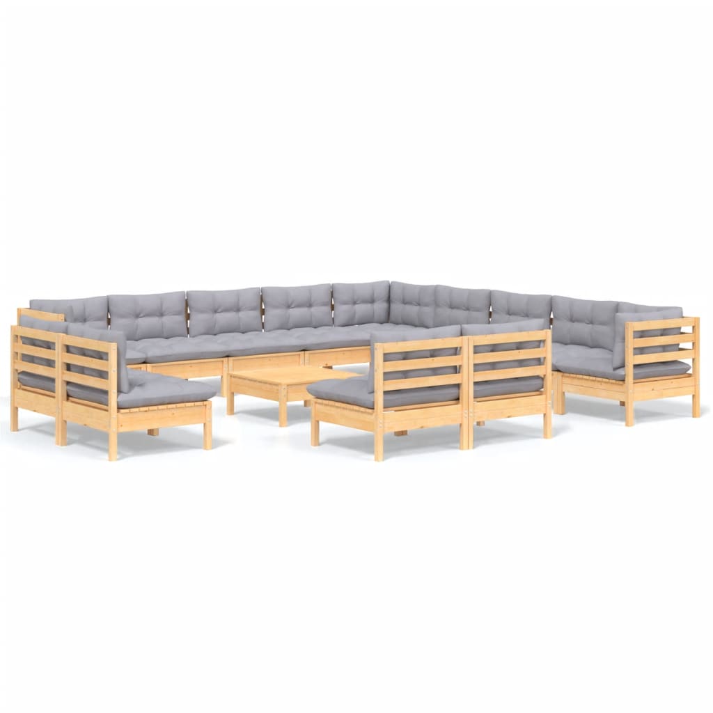 14-tlg. Garten-Lounge-Set mit Grauen Kissen Massivholz Kiefer