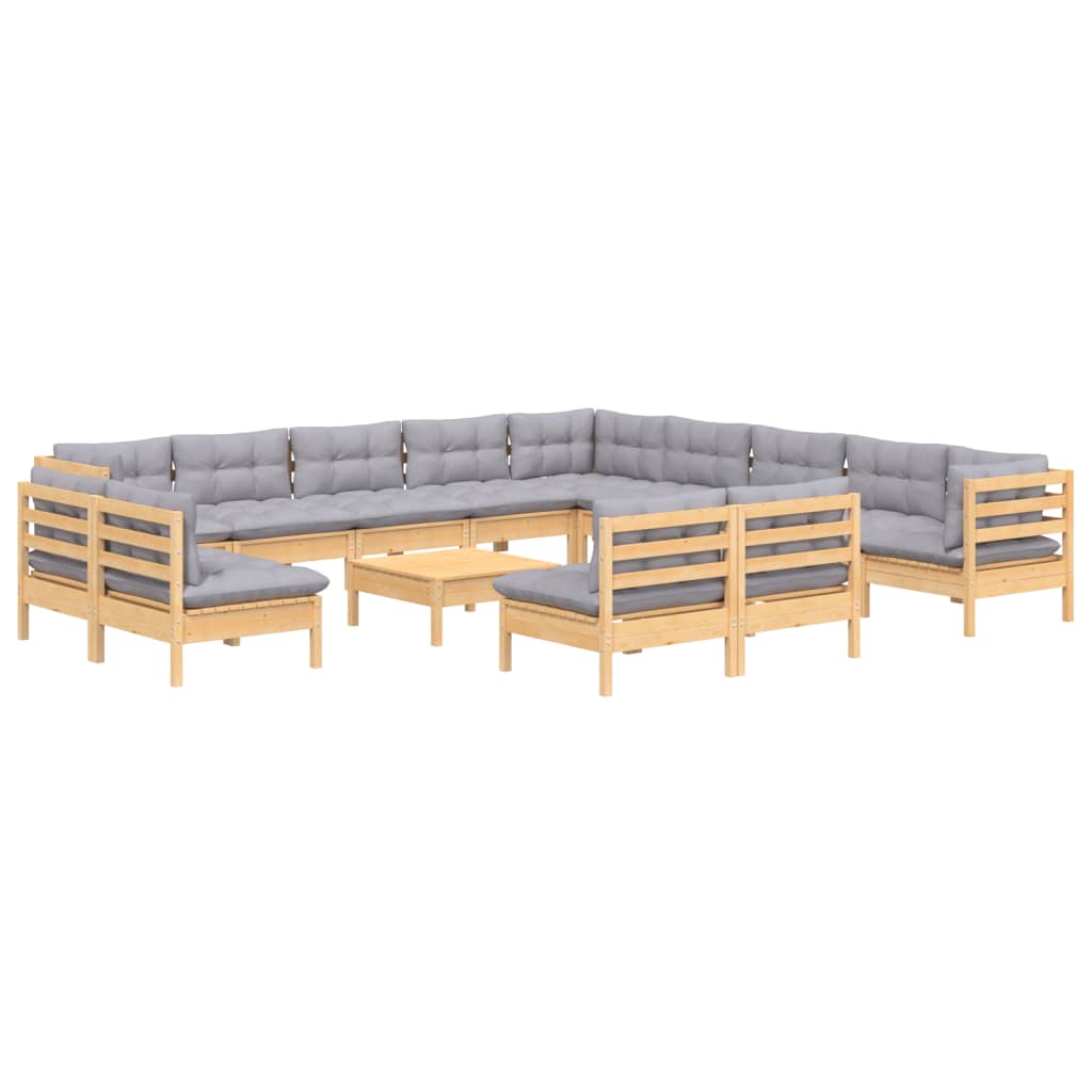 14-tlg. Garten-Lounge-Set mit Grauen Kissen Massivholz Kiefer