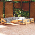 14-tlg. Garten-Lounge-Set mit Grauen Kissen Massivholz Kiefer